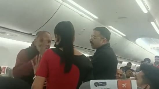 Unruly behaviour by a passenger on the Delhi-Hyderabad SpiceJet flight. (Screengrab via ANI video)