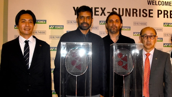 (L-R) Mr R Hanawa (President, YONEX India), Pullela Gopichand (Chief National Coach, Indian badminton team), Mr Vikramaditya Dhar (Managing Director, Sunrise Sports India Pvt Ltd.), and Mr Ben Yoneyama (Chairman, YONEX Japan) at the YONEX-SUNRISE press conference in New Delhi on Saturday that announced the manufacturing of graphite racquets in the country.(BAI)