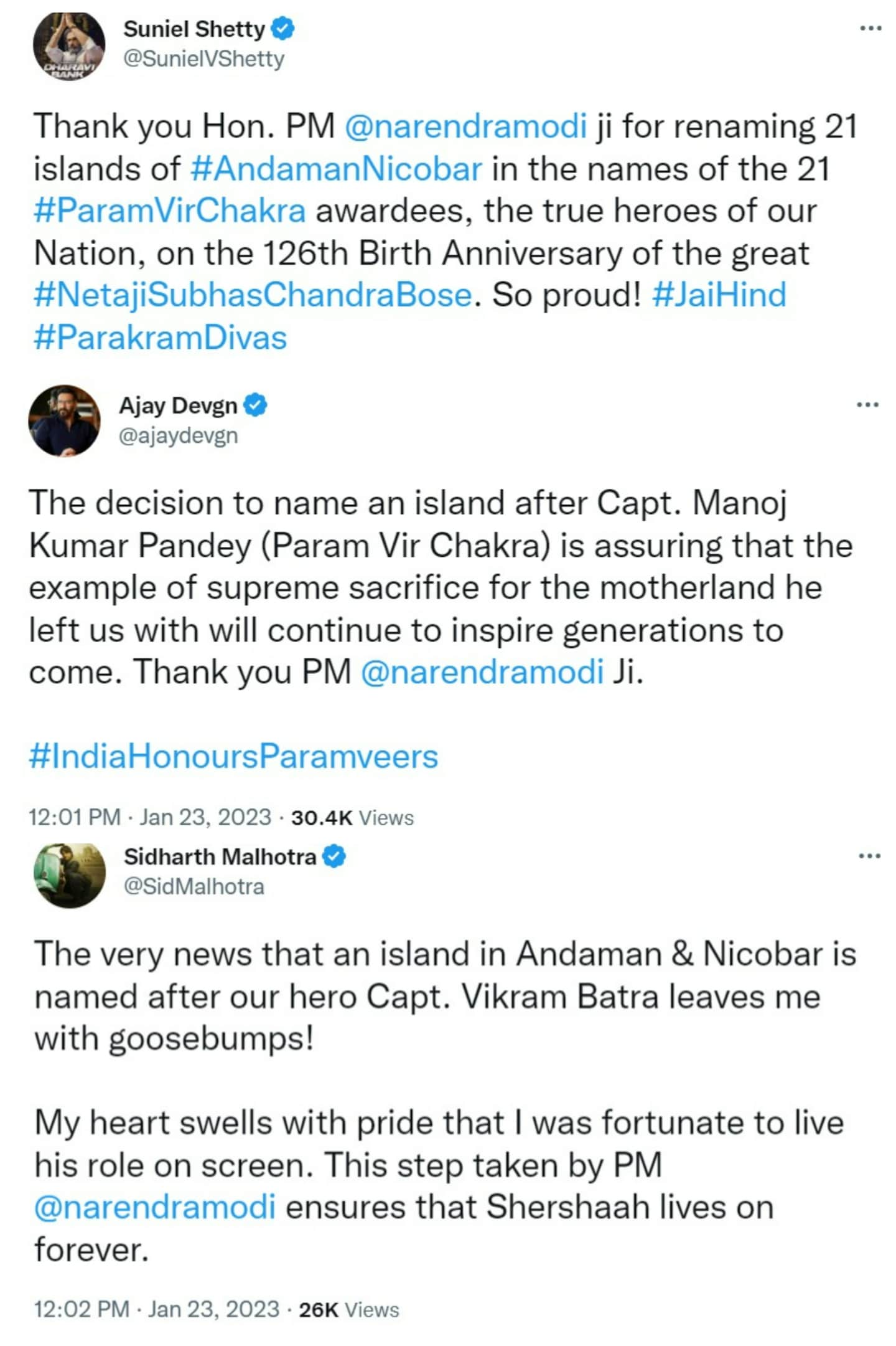 Suniel Shetty, Ajay Devgn and Sidharth Malhotra tweeted as Andaman & Nicobar Islands were named.