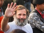 Congress leader Rahul Gandhi waves at supporters during the party's 'Bharat Jodo Yatra' in Jammu district of Jammu and Kashmir on Monday, January 23, 2023. (PTI)(HT_PRINT) Congress leader Rahul Gandhi waves at supporters during the party's 'Bharat Jodo Yatra' in Jammu district of Jammu and Kashmir on Monday, January 23, 2023. (PTI)(HT_PRINT)