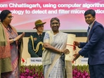 President Droupadi Murmu with Union Minister Smriti Irani presents Pradhan Mantri Rashtriya Bal Puraskar to Aditya Pratap Singh Chouhan, in New Delhi on Monday. President Droupadi Murmu with Union Minister Smriti Irani presents Pradhan Mantri Rashtriya Bal Puraskar to Aditya Pratap Singh Chouhan, in New Delhi on Monday.