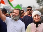 Congress leader Rahul Gandhi with Bollywood actor Urmila Matondkar during the party's 'Bharat Jodo Yatra', in Jammu district, Tuesday,(PTI) Congress leader Rahul Gandhi with Bollywood actor Urmila Matondkar during the party's 'Bharat Jodo Yatra', in Jammu district, Tuesday,(PTI)