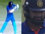 Rohit Sharma reacts to Shubman Gill's carnage. Rohit Sharma reacts to Shubman Gill's carnage.