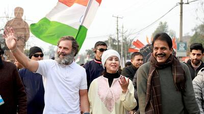 Actor Urmila Matondkar joins Congress leader Rahul Gandhi and party’s general secretary, in-charge (organisation), KC Venugopal during the Bharat Jodo Yatra in Nagrota, Jammu, on Tuesday. (Congress Twitter) Actor Urmila Matondkar joins Congress leader Rahul Gandhi and party’s general secretary, in-charge (organisation), KC Venugopal during the Bharat Jodo Yatra in Nagrota, Jammu, on Tuesday. (Congress Twitter)