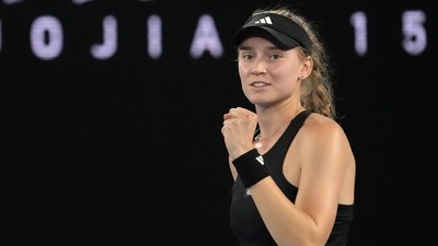 Elena Rybakina of Kazakhstan reacts after defeating Jelena Ostapenko of Latvia in their quarterfinal match at the Australian Open tennis championship in Melbourne, Australia, Tuesday, Jan. 24, 2023. (AP Photo/Aaron Favila) (AP)