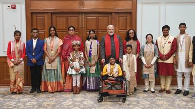 Prime Minister Narendra Modi with recipients of Bal Puraskar, in New Delhi on Tuesday. (HT photo) Prime Minister Narendra Modi with recipients of Bal Puraskar, in New Delhi on Tuesday. (HT photo)