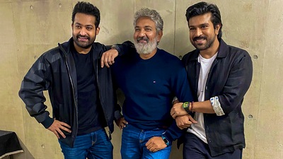 Actors Jr NTR and Ram Charan with RRR director SS Rajamouli. (PTI) Actors Jr NTR and Ram Charan with RRR director SS Rajamouli. (PTI)