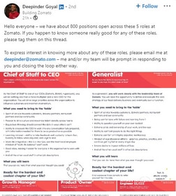 The hiring call comes just two months after Zomato laid off about 3% of its workforce. (Screenshot/LinkedIn - Deepinder Goyal) The hiring call comes just two months after Zomato laid off about 3% of its workforce. (Screenshot/LinkedIn - Deepinder Goyal)