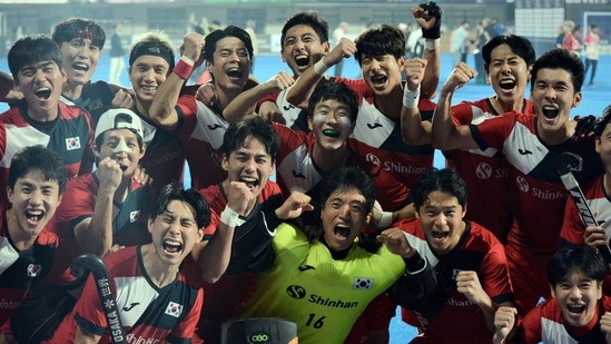 Korean players celebrate as they knock out Argentina 3-2 in the penalty shootout during the FIH Men’s Hockey World Cup 2023 (ANI)