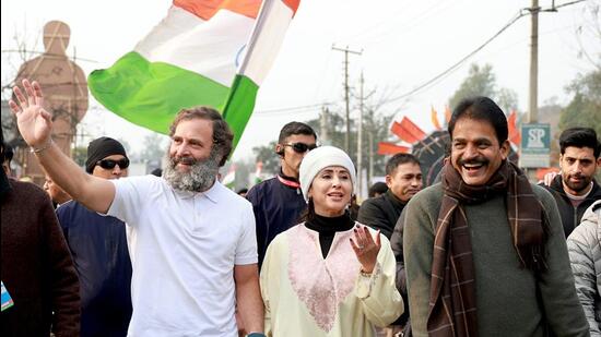 Actor Urmila Matondkar joins Congress leader Rahul Gandhi and party’s general secretary, in-charge (organisation), KC Venugopal during the Bharat Jodo Yatra in Nagrota, Jammu, on Tuesday. (Congress Twitter)