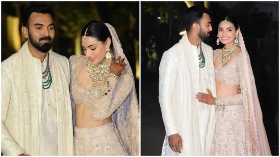 Suniel Shetty's daughter, Athiya Shetty, tied the knot with cricketer KL Rahul at the actor's Khandala farmhouse on Monday. The two lovebirds wore resplendent ensembles for their special day, designed by ace couturier Anamika Khanna. While Athiya wore a subtle pink Chikankari lehenga, KL looked dapper in an ivory sherwani. Keep scrolling to see all the pictures from their special day. (Instagram)