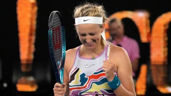 Victoria Azarenka of Belarus reacts after defeating Jessica Pegula of the U.S. in their quarterfinal match at the Australian Open(AP)