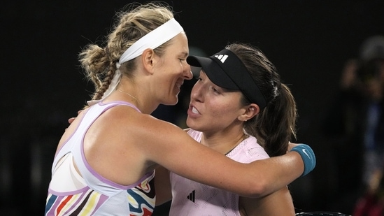 Jessica Pegula, right, of the U.S. embraces Victoria Azarenka of Belarus following their quarterfinal match at the Australian Open tennis championship in Melbourne(AP)
