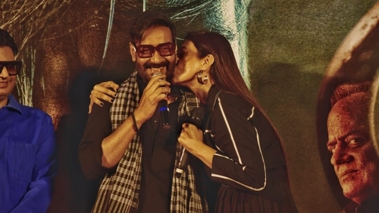 Ajay Devgn and Tabu joined the team of Bholaa on Tuesday to unveil the second teaser of their upcoming film. The two actors, who are also college time friends, were shot in a candid mood at the event. (Varinder Chawla)