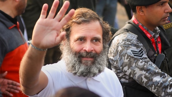 Congress leader Rahul Gandhi waves at supporters during the party's 'Bharat Jodo Yatra' in Jammu district of Jammu and Kashmir on Monday, January 23, 2023. (PTI)(HT_PRINT)