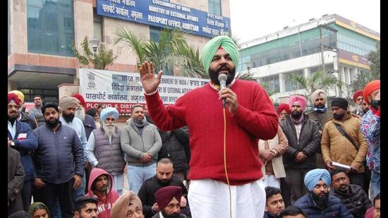 Member of Parliament from Amritsar Gurjeet Singh Aujla during a protest outside the regional passport office.