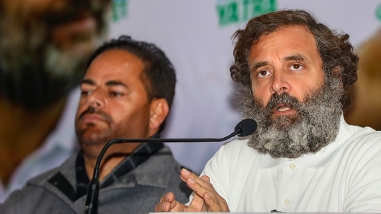 Jammu: Congress leader Rahul Gandhi addresses a press conference amid the party's 'Bharat Jodo Yatra', at Jhajjar Kotli in Jammu district, Tuesday, Jan. 24, 2023. (PTI Photo)(PTI)