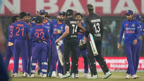 Indian team members celebrate their victory against New Zealand(PTI)