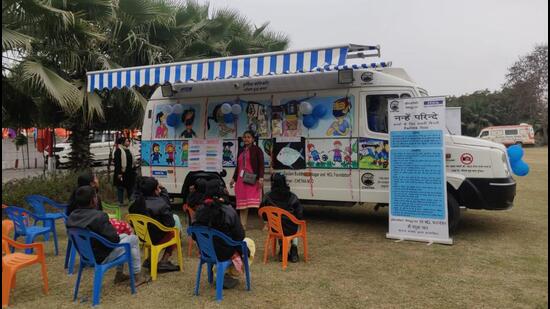 The mobile classrooms are fitted with LCD screens, sound systems, CCTV cameras, GPS and educational materials. Each van teachers 50-60 children daily. The vans stay at one temporary settlement for around two-and-a-half hours and then move on to their next destination. (HT Photo)
