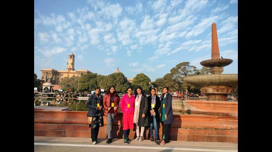 The winning Kritika and Group dance team is a group of six girls who perform Kajri folk dance. (HT Photo)