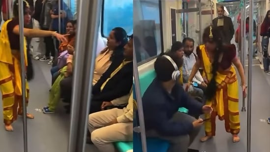 Priya Gupta, dressed as Manjulika from the film Bhool Bhulaiyaa, scaring people in Noida Metro’s Aqua line.(Instagram/@the.realshit.gyan)
