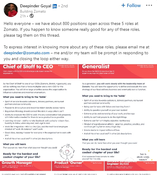 The hiring call comes just two months after Zomato laid off about 3% of its workforce. (Screenshot/LinkedIn - Deepinder Goyal)