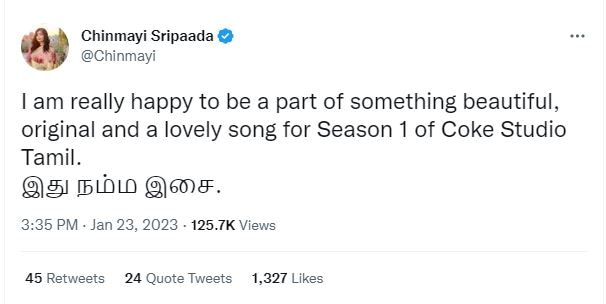 Chinmayi Sripaada took to Twitter to share that she is part of the show.