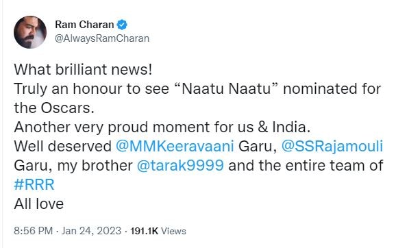 Reacting to the update, actor Ram Charan tweeted.