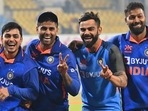 Ishan Kishan, Suryakumar Yadav, Virat Kohli and Hardik Pandya pose(AFP) Ishan Kishan, Suryakumar Yadav, Virat Kohli and Hardik Pandya pose(AFP)