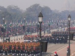 Contingents of the Indian Armed Forces march past during the full dress rehearsal of the Republic Day Parade 2023, at Kartavya Path in Delhi, Monday. Contingents of the Indian Armed Forces march past during the full dress rehearsal of the Republic Day Parade 2023, at Kartavya Path in Delhi, Monday.