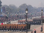 Republic Day 2023: Contingents of the Indian Armed Forces march past during the full dress rehearsal of the Republic Day Parade 2023, at Kartavya Path in Delhi,(PTI) Republic Day 2023: Contingents of the Indian Armed Forces march past during the full dress rehearsal of the Republic Day Parade 2023, at Kartavya Path in Delhi,(PTI)