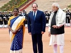 Egypt President Abdel Fattah El-Sisi,  President Droupadi Murmu and Prime Minister Narendra Modi at a ceremonial reception, in New Delhi. (Sanjeev Verma/HT Photo)