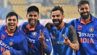 Ishan Kishan, Suryakumar Yadav, Virat Kohli and Hardik Pandya pose (AFP) Ishan Kishan, Suryakumar Yadav, Virat Kohli and Hardik Pandya pose (AFP)