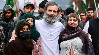 Congress leader Rahul Gandhi with his supporters during the Bharat Jodo Yatra in Ramban on Wednesday. (Congress Twitter)