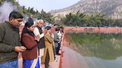 MLA Ghanshyam Das Arora on Wednesday inaugurated a two-day “Saraswati Mahotsav” at Adi Badri in Bilaspur sub-division of Yamunanagar in the presence of vice-president of the Saraswati Heritage Development Board Dhooman Singh Kirmach and other dignitaries. (HT Photo)