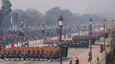 Contingents of the Indian Armed Forces march past during the full dress rehearsal of the Republic Day Parade 2023, at Kartavya Path in Delhi, Monday. (PTI) Contingents of the Indian Armed Forces march past during the full dress rehearsal of the Republic Day Parade 2023, at Kartavya Path in Delhi, Monday. (PTI)