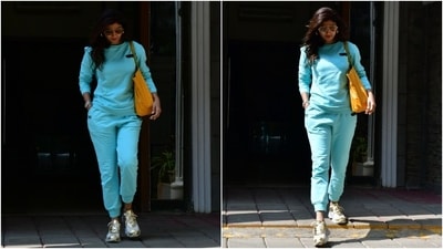 As for Shilpa Shetty, the actor stepped out in Mumbai dressed in a coordinated ensemble. Shilpa wore a light blue-coloured jogger set featuring a round-neck sweatshirt and pants. (HT Photo/Varinder Chawla) As for Shilpa Shetty, the actor stepped out in Mumbai dressed in a coordinated ensemble. Shilpa wore a light blue-coloured jogger set featuring a round-neck sweatshirt and pants. (HT Photo/Varinder Chawla)