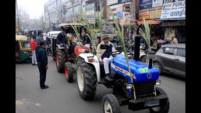 Sugarcane farmers take out a tractor rally in support of their demands at Rohtak on Wednesday. The Haryana government on Wednesday announced  ₹10 per quintal hike in sugarcane SAP, increasing current price to  ₹372 per quintal. (Manoj Dhaka/HT)