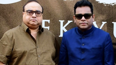 Rajkumar Santoshi and Music Composer-Singer A R Rahman during the song launch of their upcoming film 'Gandhi Godse - Ek Yudh', in Mumbai. (ANI Photo) (Girish Srivastav)