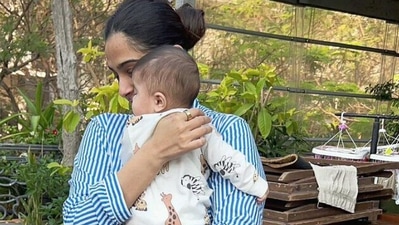 Sonam Kapoor holding son Vayu Kapoor Ahuja in a recent photo.