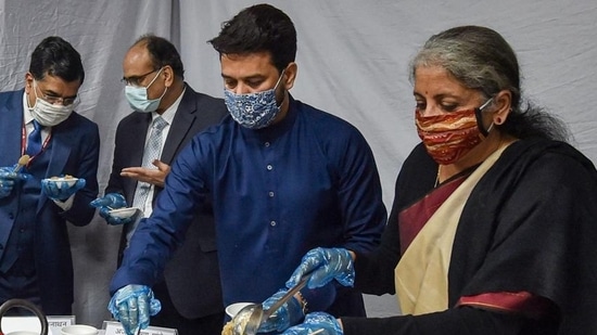 Finance minister Nirmala Sitharaman at an earlier halwa ceremony (PTI)