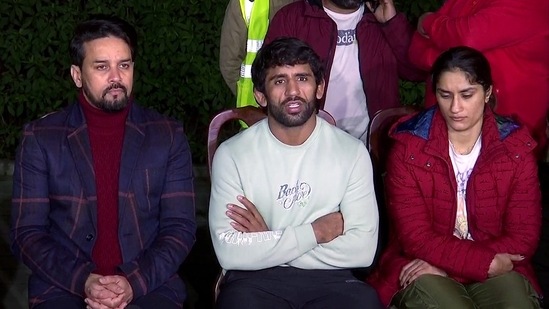 Wrestler Bajrang Punia addressing a joint press conference with Union Minister of Sports and Youth Affairs Anurag Thakur. (ANI)