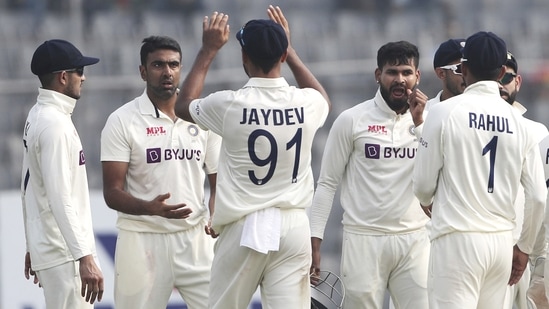 India's Ravichandran Ashwin, second left, celebrates with teammates(AP)