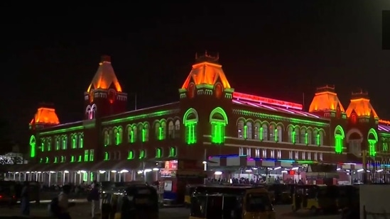 Puratchi Thalaivar Dr M G Ramachandran Central Railway Station in Chennai illuminated in colours of the national flag.(ANI)