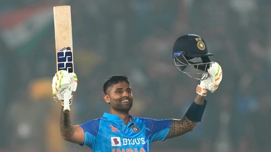 India's Suryakumar Yadav celebrates after scoring a century during the third Twenty20 cricket match between India and Sri Lanka in Rajkot(AP)