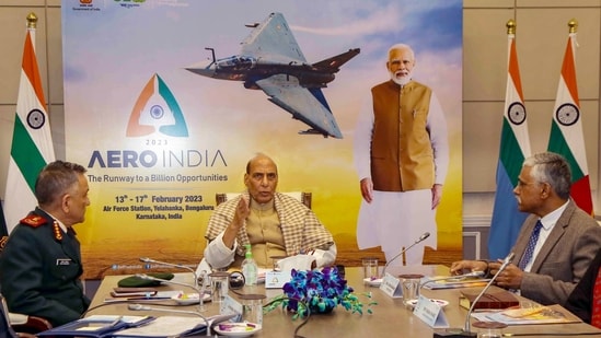 Defence Minister Rajnath Singh speaks during the Aero India 2023 apex committee meeting, in New Delhi, Tuesday, Jan. 24, 2023. (PTI Photo)