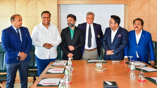 Board of Control for Cricket in India (BCCI) President Roger Binny with Vice-President Rajeev Shukla, Joint Secretary Devajit Saikia, Treasurer Ashish Shelar and Secretary Jay Shah along and IPL Governing Council Chairman Arun Dhumal during a meeting announcing the successful bidders for the inaugural edition of the Women's Indian Premier League(PTI)