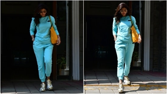 As for Shilpa Shetty, the actor stepped out in Mumbai dressed in a coordinated ensemble. Shilpa wore a light blue-coloured jogger set featuring a round-neck sweatshirt and pants.&nbsp;(HT Photo/Varinder Chawla)