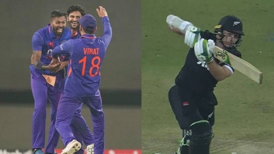 Virat Kohli, Hardik :Pandya and Shardul Thakur celebrating Tom Latham's wicket(BCCI/PTI)
