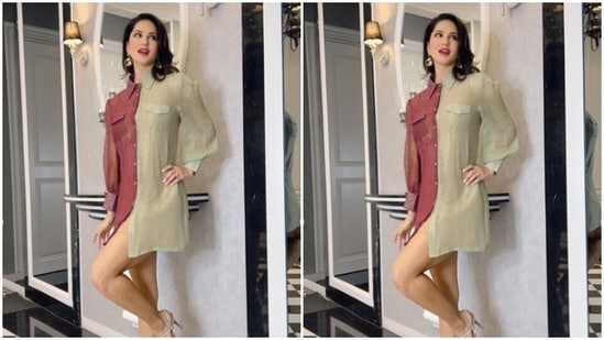 Sunny further accessorised her look in golden earrings from Rubans Jewellery and transparent stilettos.&nbsp;(Instagram/@sunnyleone)